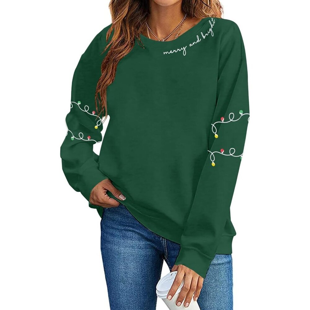 Women Christmas Sweatshirt Light Print Long Sleeve Holiday Pullover Xmas